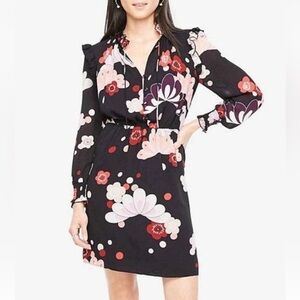 Ann Taylor Black Long-Sleeve Floral Shift Dress